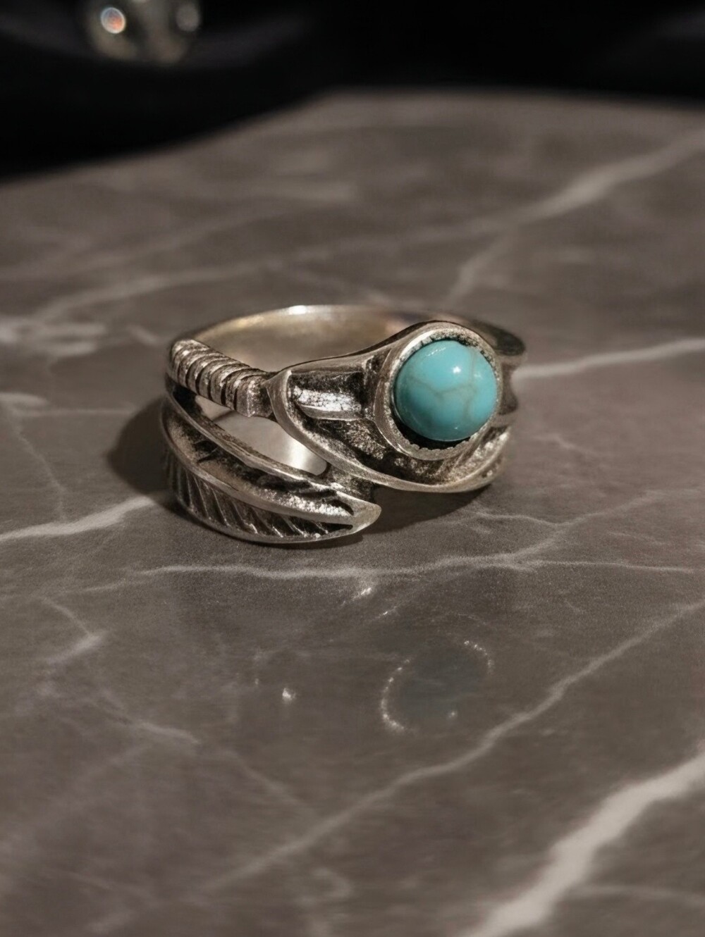 Silver Tone Feather Ring with Turquoise Stone - Size 6 - Picture 5 of 5